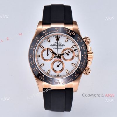 CLEAN Factory Copy Rolex Daytona Clean 4130 Oysterflex Rubber Rose Gold White Dial 40mm